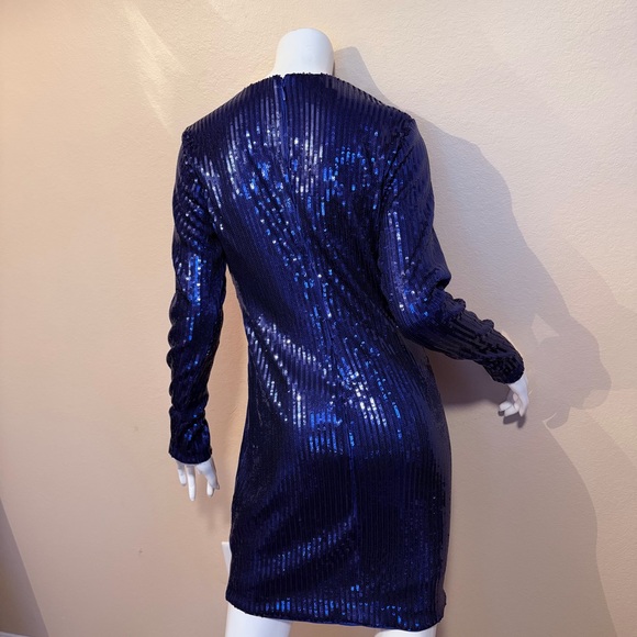 Bebe Blue Sequin Longsleeve Deep Plunge Sheer Panel Dress - Picture 6 of 12